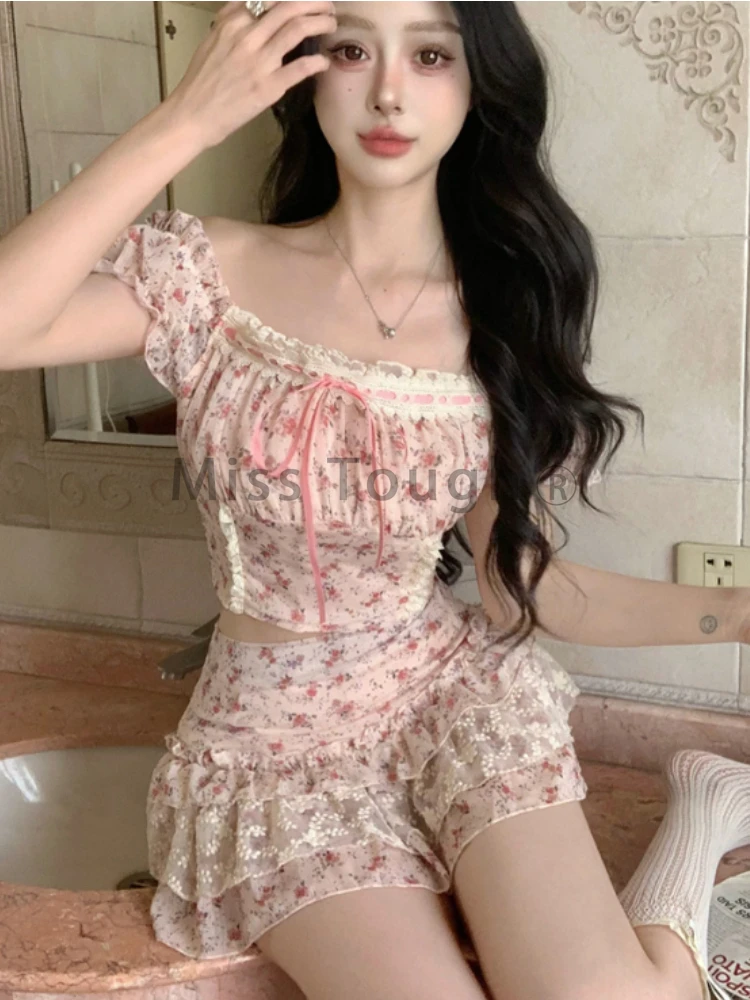 Summer Sweet Print Slim Lace 2 Piece Set Women Fashion Off Shoulder Short Sleeve Dress Female Elegant Skinny A Line Dresses New