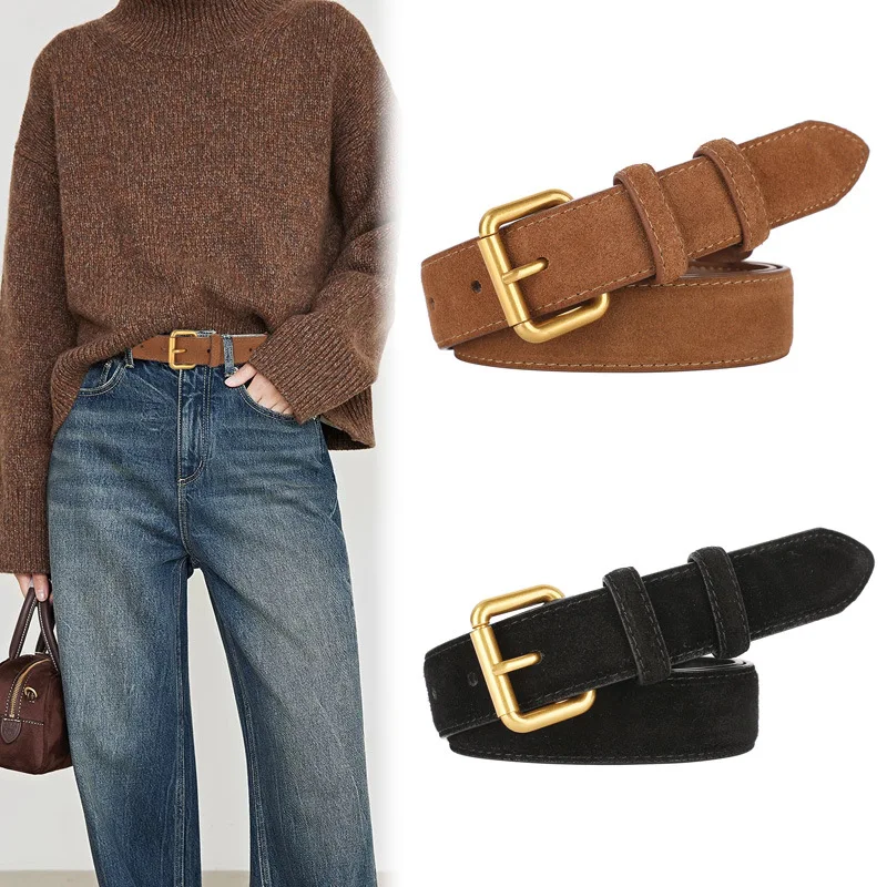 

2.8CM Wide Fashion Suede Cowhide Womens Belts Genuine Leather Belt with Metal Buckle for Dresses Jeans Girdle Accessories