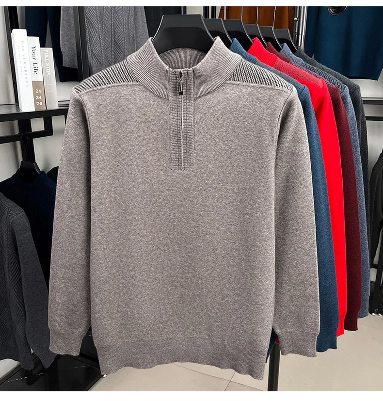 

Zipper long sleeved pullover 2025 autumn knitted sweater new round neck sweater men's middle-aged woolen sweater