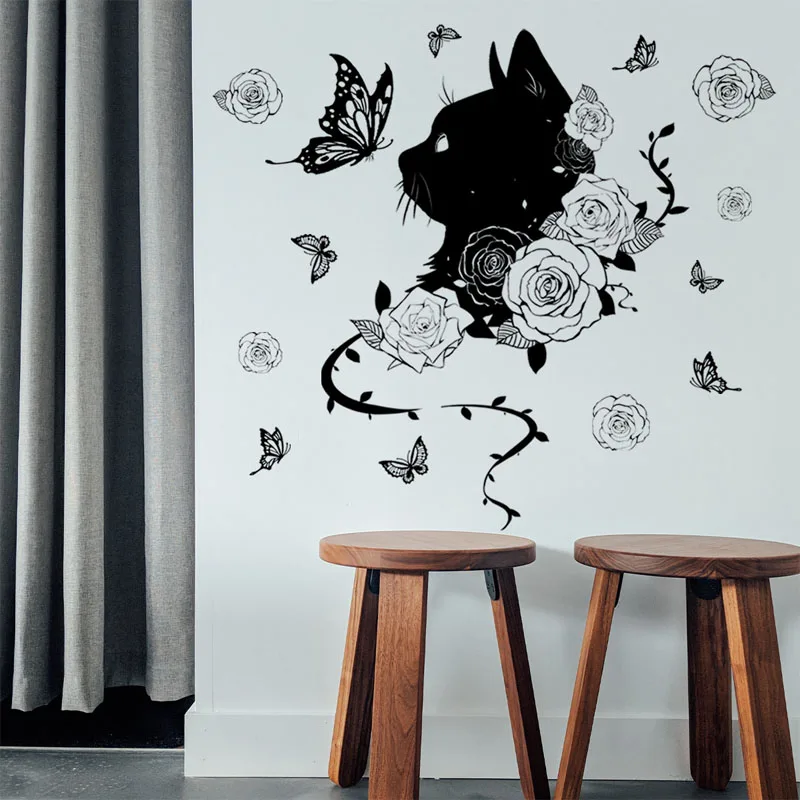 Autocollant mural papillon auto-adhésif, fond de fleur de chat noir, décoration de la maison