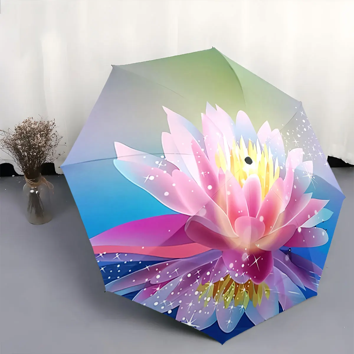 Colorful Lotus Flower Design with Sparkling Water Reflection portable waterproof sun rain umbrella for outdoor travel beach