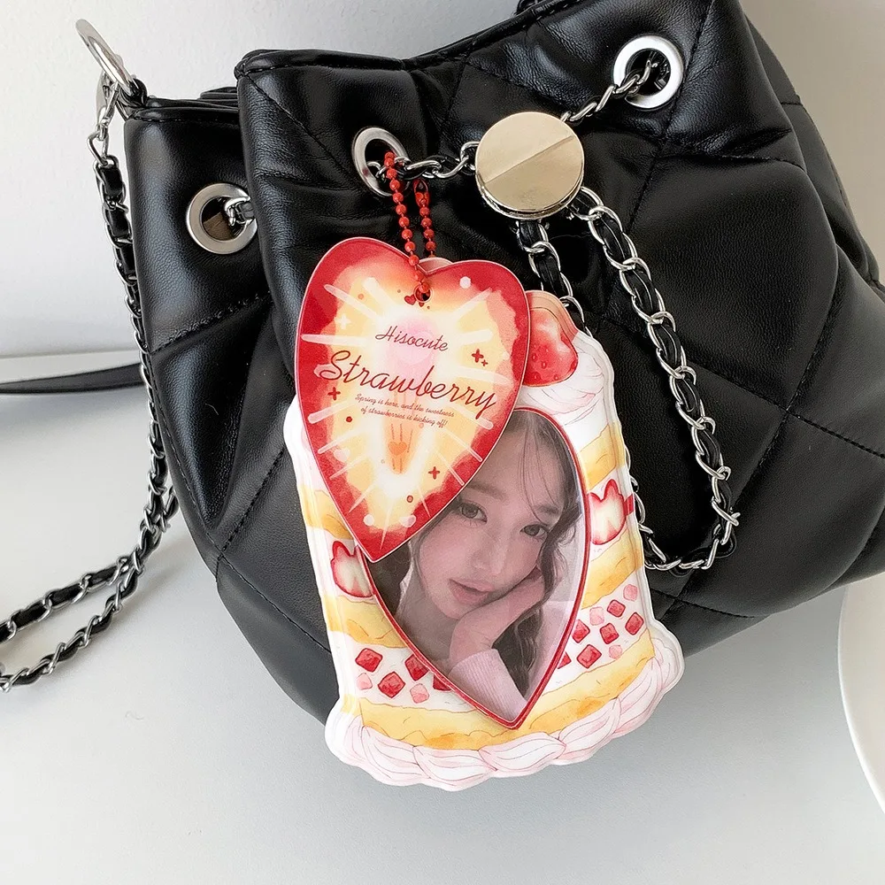 3 Inch Kpop Photocard Holder Cute Strawberry Cake Heart Card Protector Portable Bag Pendant Backpack Decor Keychain Card Sleeve