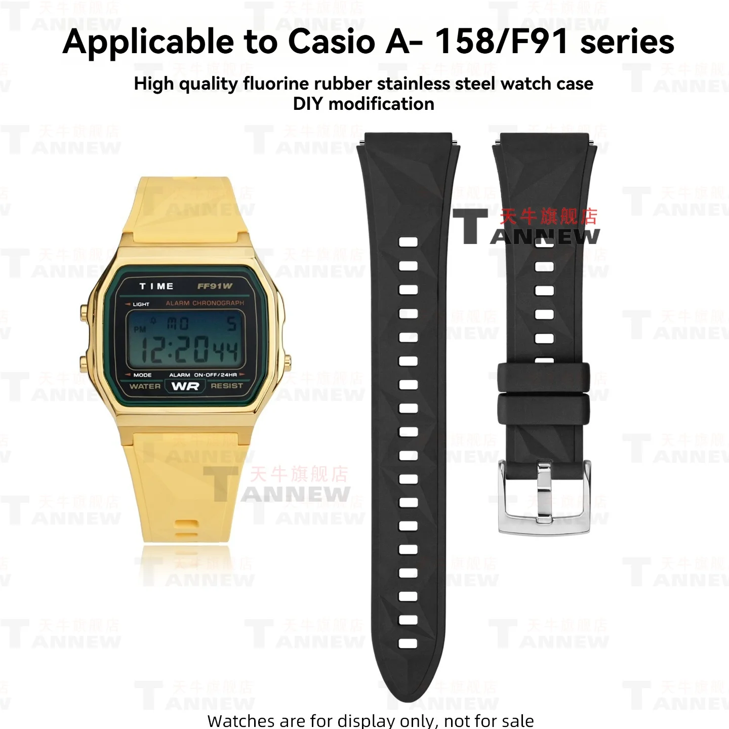 Stainless Steel Case & FKM Rubber Strap & Film Kit for Casio Square A158 A159 F-91W, Complete Mod Conversion Set