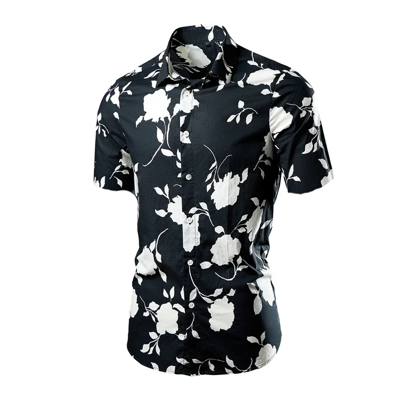 

Summer Men's New Fashionable Casual Short Sleeved Pure Cotton Flower Shirt Trend Slim Fit Lapel Short Sleeved Shirt