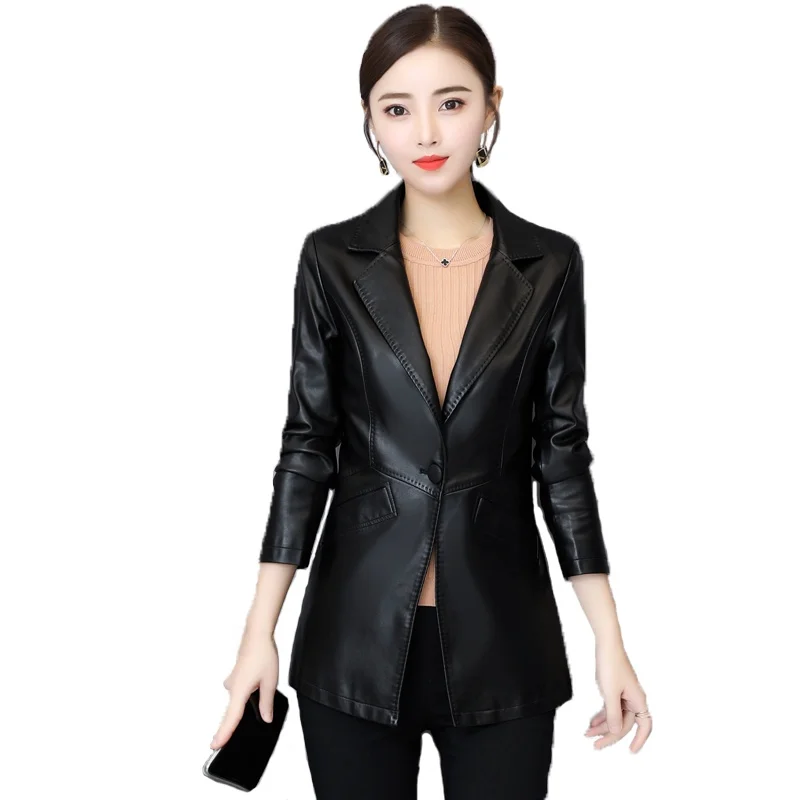 春秋の新作本物のシープスキンレザージャケット女性のミッドレングススリミング大きいサイズスーツアウター