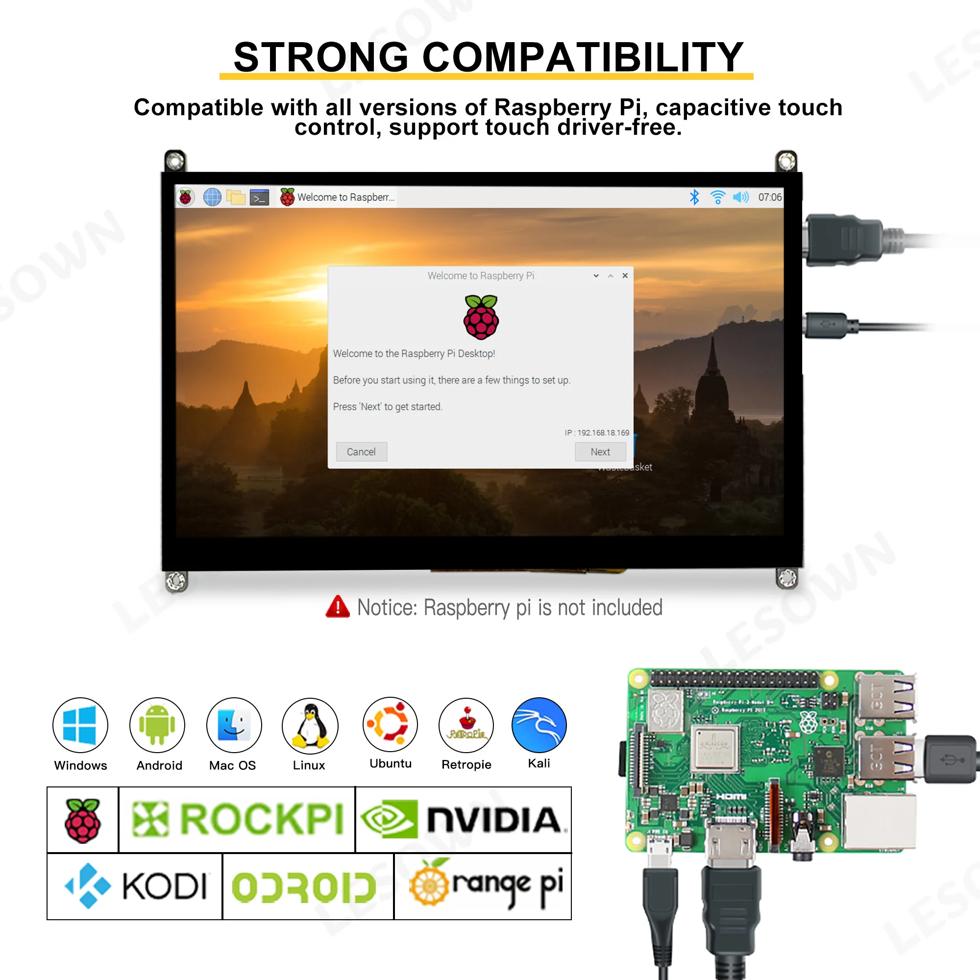 LESOWN Raspberry Pi Display 10,1 inch touchscreen monitor 1024x600 HDMI 5V USB-aangedreven 16:9 IPS-scherm voor Raspberry Pi 4/3/2