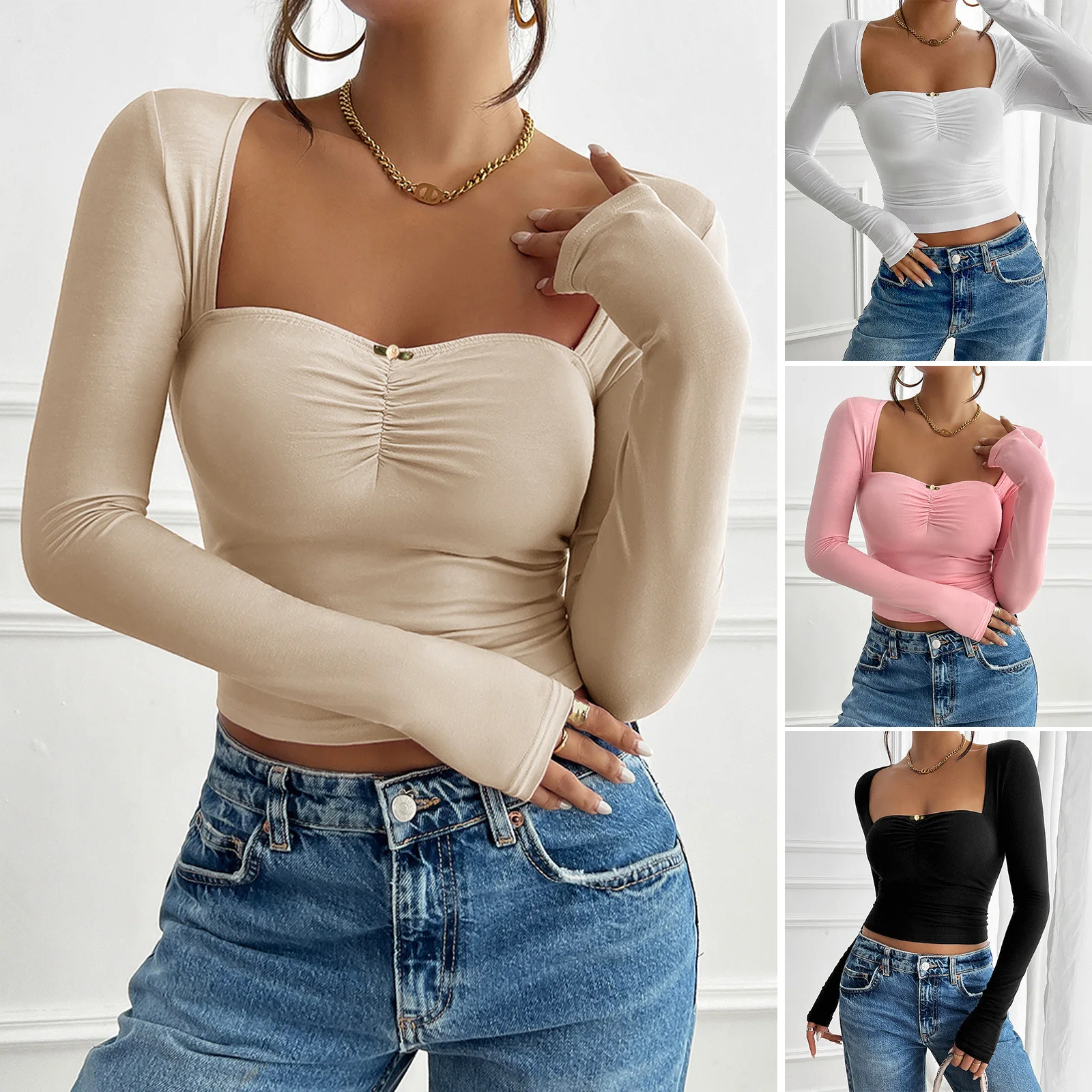 2024 Spring Autumn Women's Long Sleeve Tops Female Solid Color Slim Fit Pleated Knitted Pullovers Lady's Square Neck Tops