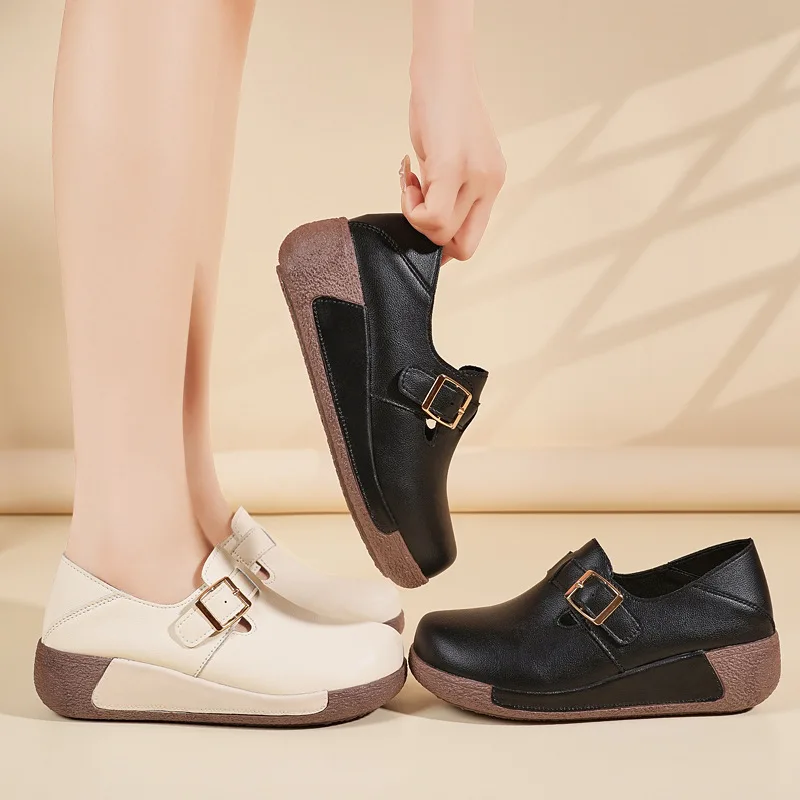 

Одна пара обуви — два варианта ношения: весенне-осенние новинки, женские кожаные туфли на толстой подошве, удобные для сочетания, модные, повседневные.