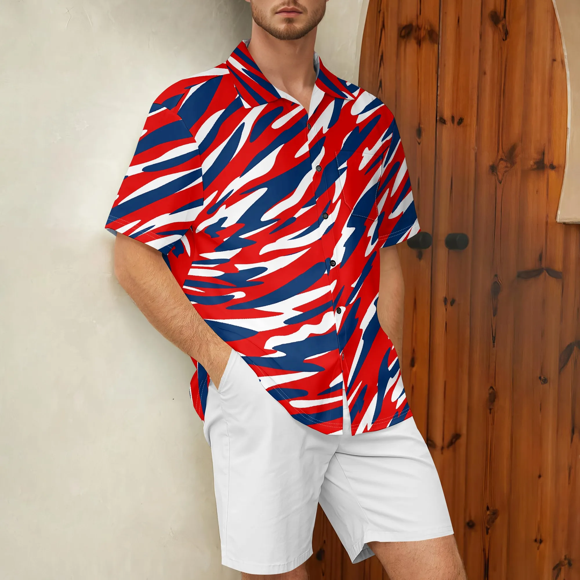 

YEAE Red Blue Camo Print Shirt for Men Summer Casual Short Sleeve Top