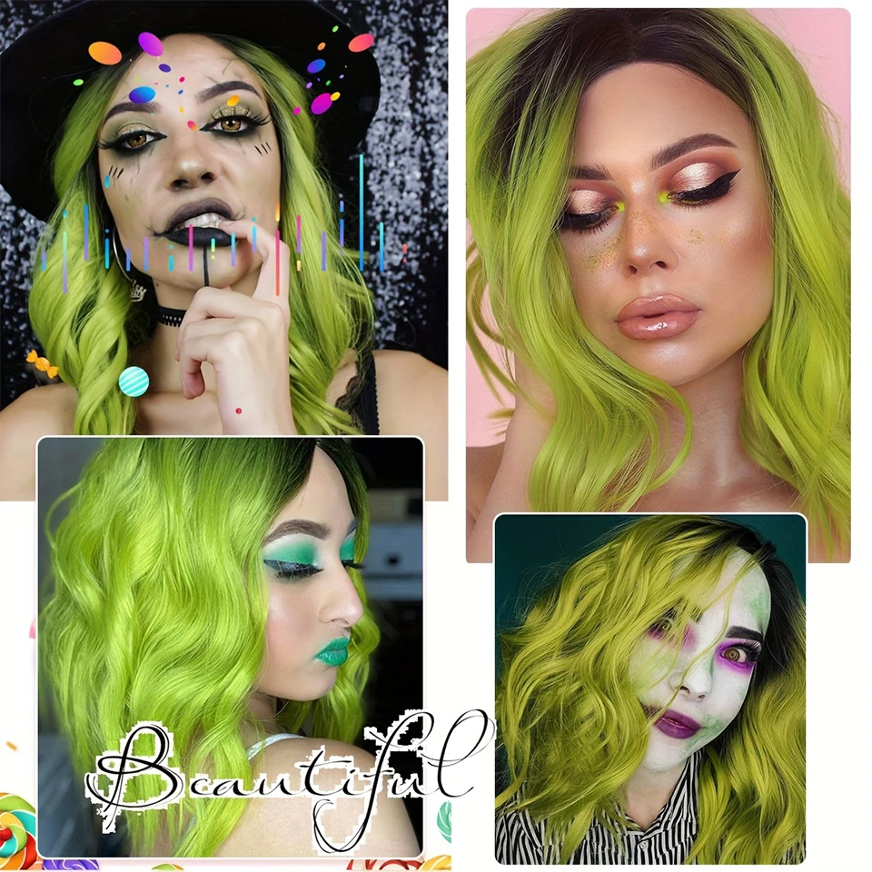 

Женский короткий парик из волнистых волос средней части от черного до зеленого цвета с градиентом на Хэллоуин, косплей, полный головной убор, искусственные волосы