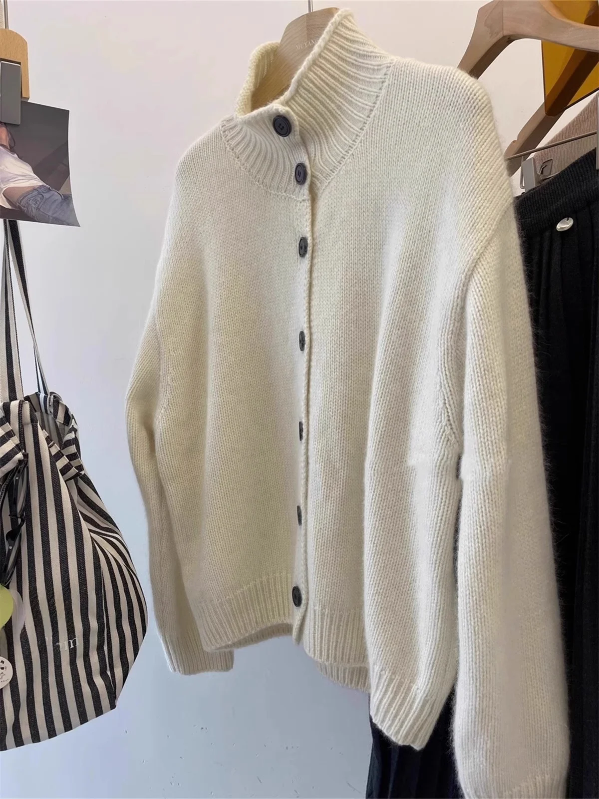 الرجعية ey الدب الفراء عالية الياقة محبوك سترة معطف المرأة فضفاضة كسول الوقوف طوق الخريف الشتاء المفتوحة سترة أعلى #5