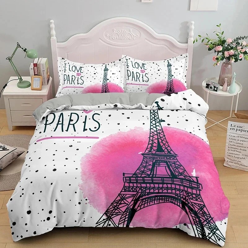 

Romantic Eiffel Tower Duvet Cover Microfiber Floral Bedding Set Paris Cityscape Twin Comforter Cover For Girls Teen Adult Room