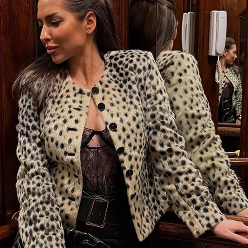 Kunstfell-Leopardenmuster Cropped-Jacke für Damen Rundhals Einreihiger Flauschiger Plüschmantel 2026 Vintage Y2K Oberbekleidung – Detail 12