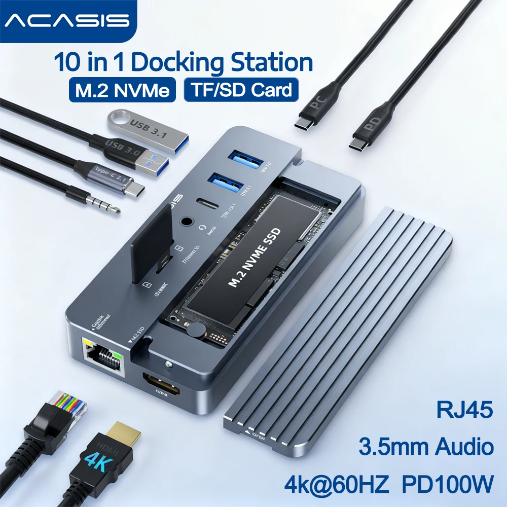 

Док-станция ACASIS 10-в-1 USB C 10 Гбит/с для корпуса M.2 NVMe SSD 4K@60 Гц HDMI 100 Вт PD RJ45 Gigabit Ethernet TF/SD для Mac