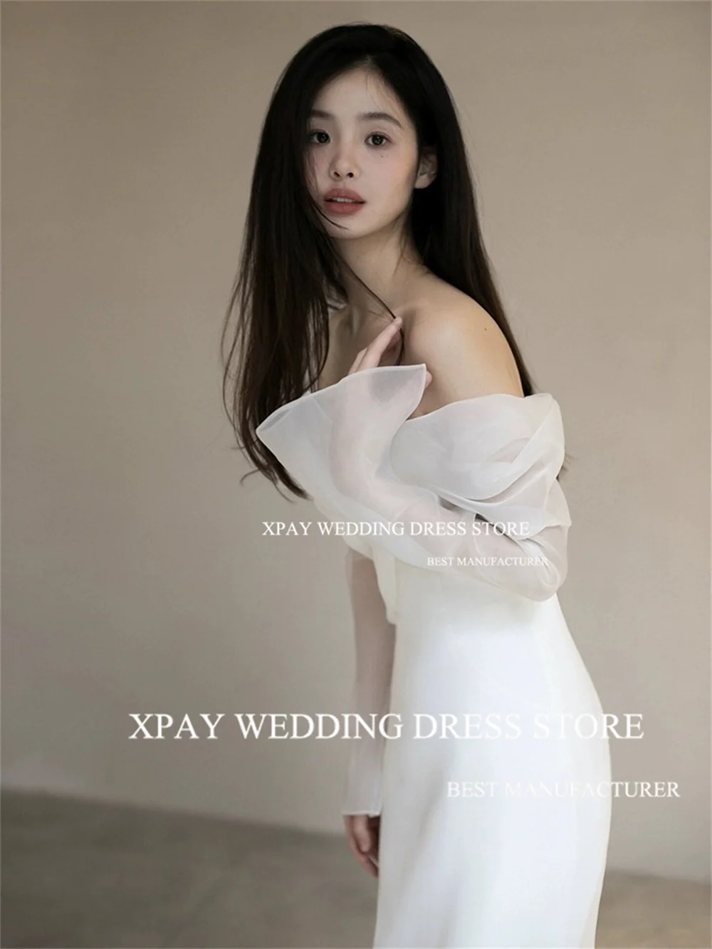 Xpay fora do ombro coreia sereia vestidos de casamento manga longa alargamento vestido de noiva fotos sessão sem costas plissado vestido de noiva personalizado