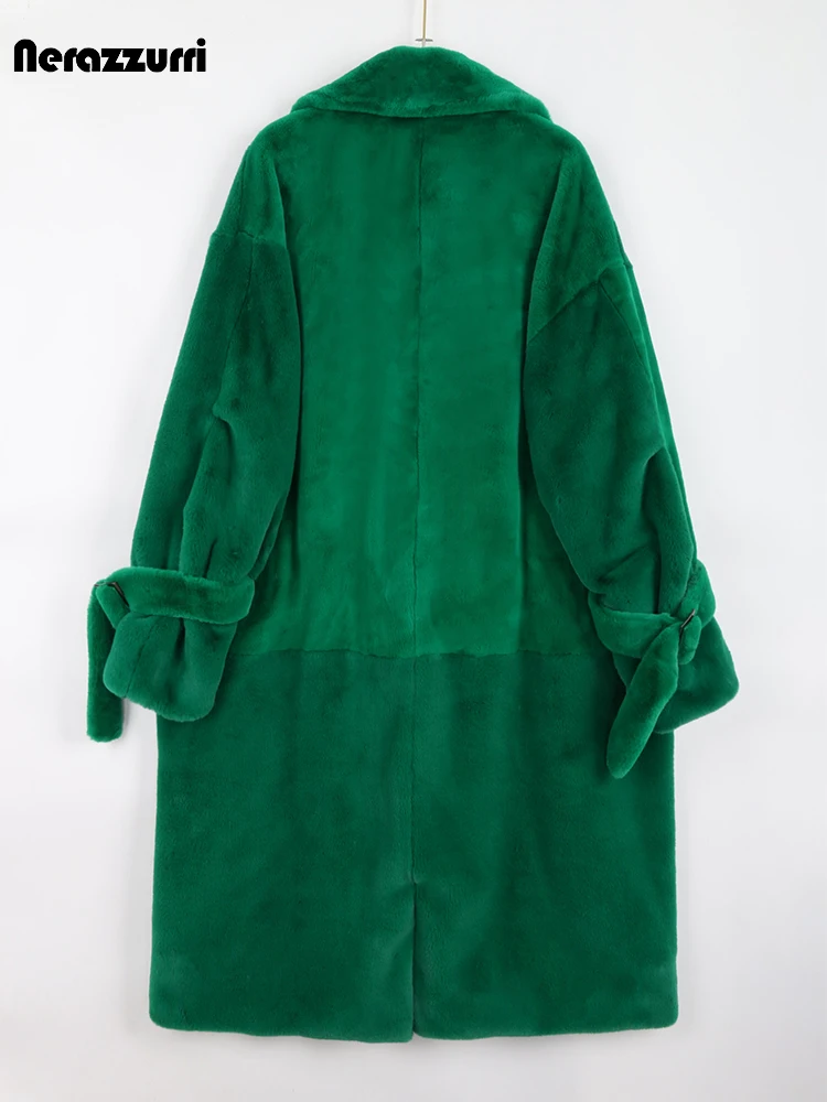 Nerazzurri Autumn Winter Long Green Oversized Thick Warm Soft Faux Fur Coat Women with Back Slit Loose Casual Fluffy Jacket 2024