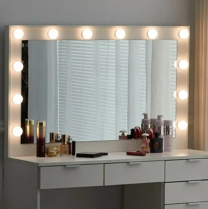 White Dressing Table with 3 Color LED Mirror Set Hollywood Style Light Vanity Makeup Table with 4 Drawers and 1 Closed Storage