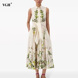 VGH Hit Color Printing Patchwork Belt Dresses For Women Lapel Sleeveless High Waist Spliced Button Long Dress Female Fashion New