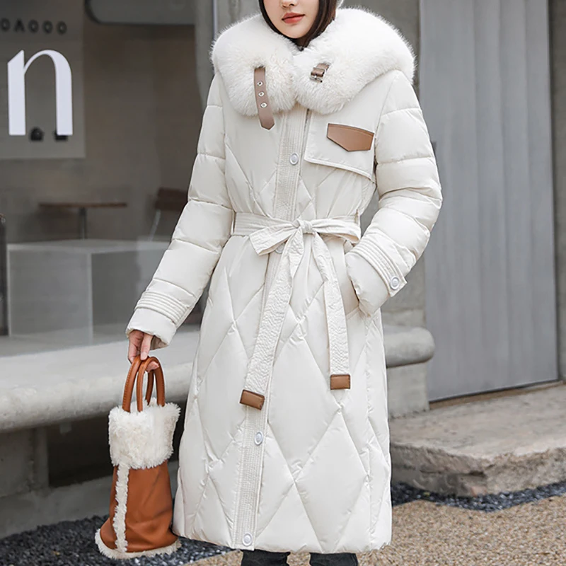 Fashion Warm Thickening Parkas Elegant White Collar Solid Slim Tie Up Waist Mid Length Coast Casual Autumn Winter 2023 Parkas