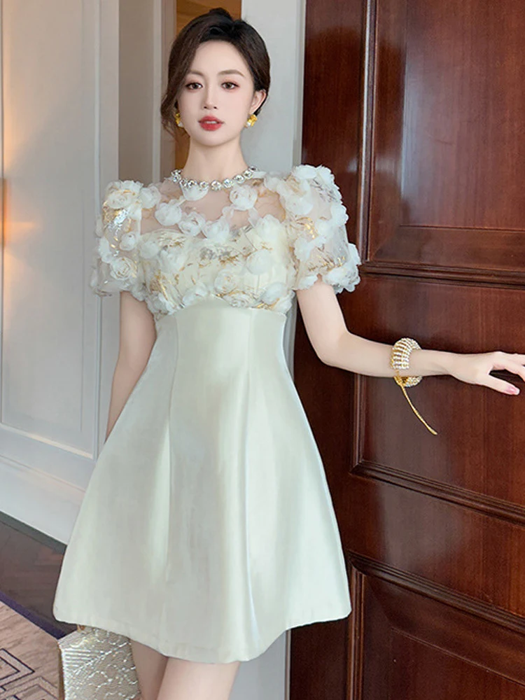 Summer Fashion Elegant Luxury Black Gown Evening Dress Women Clothes Floral Sexy Sheer O-Neck A-Line Short Party Prom Vestidos