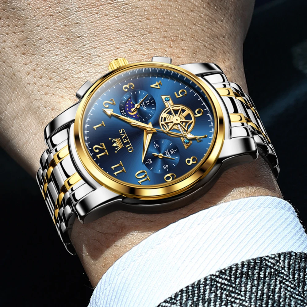 OLEVS Top Brand Luxury Fashion Imitation Tourbillon Window Quartz Watch Men Waterproof Date Moon Phase Sport Watches Mens