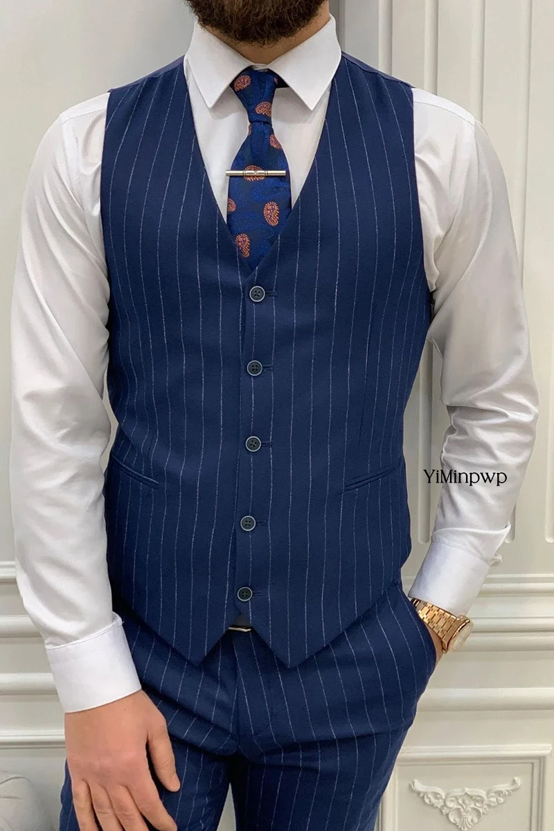 Conjunto de trajes exquisitos para hombre, trajes de esmoquin de doble botonadura a rayas para hombre, traje de hombre de negocios, chaqueta, chaleco y pantalones, 3 piezas