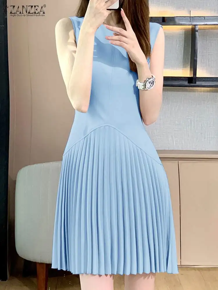 

ZANZEA Summer Elegant Pleated Dress Women Sleeveless Solid Knee-length Sundress Fashion Casual A-line Party Work Vestido Sarafan