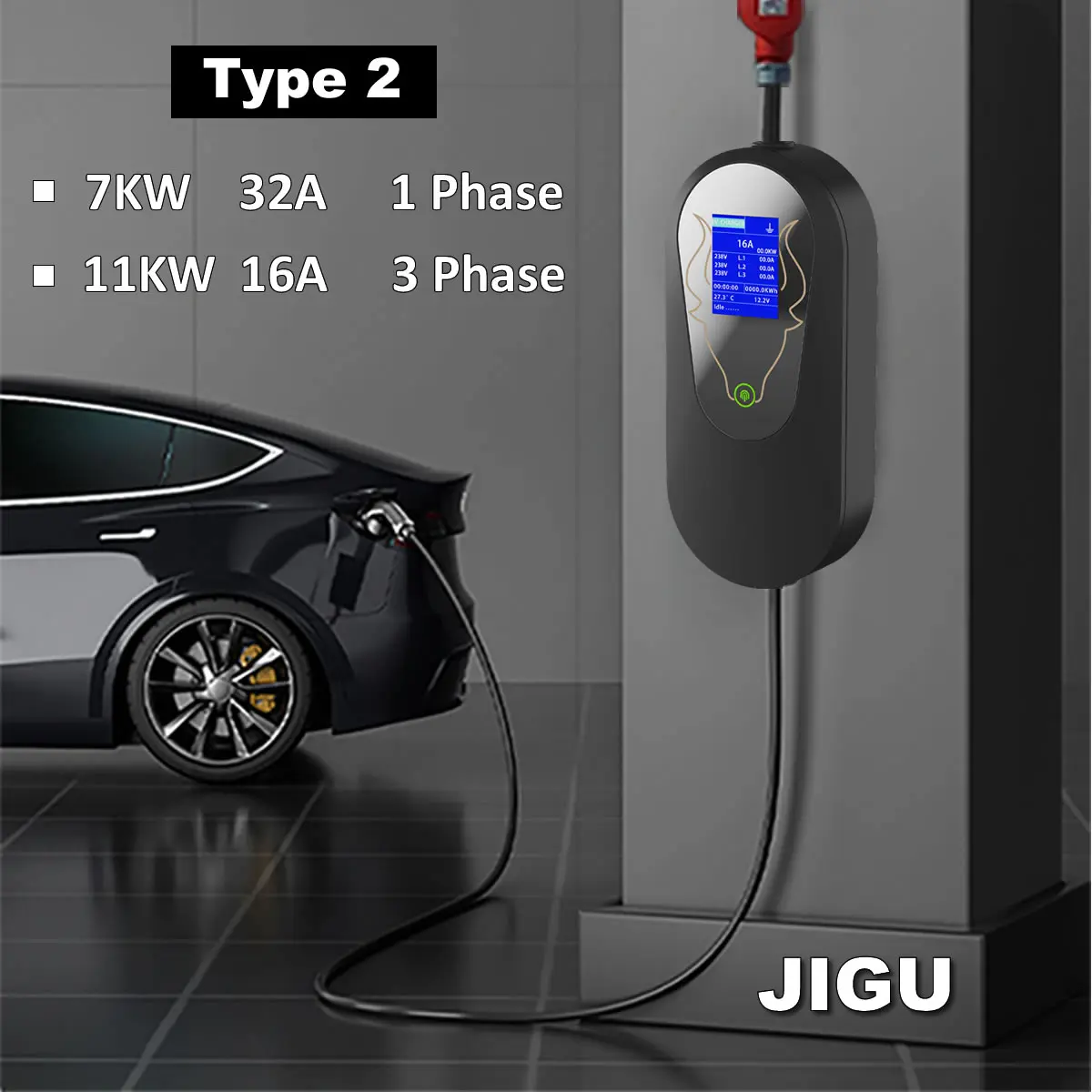 

JIGU 16A 3 Phase Type 2 11KW Portable Electric Car Vehicle Charger 5 meters Charging Cable CEE Plug 1 phase 32A 7KW EV Charger