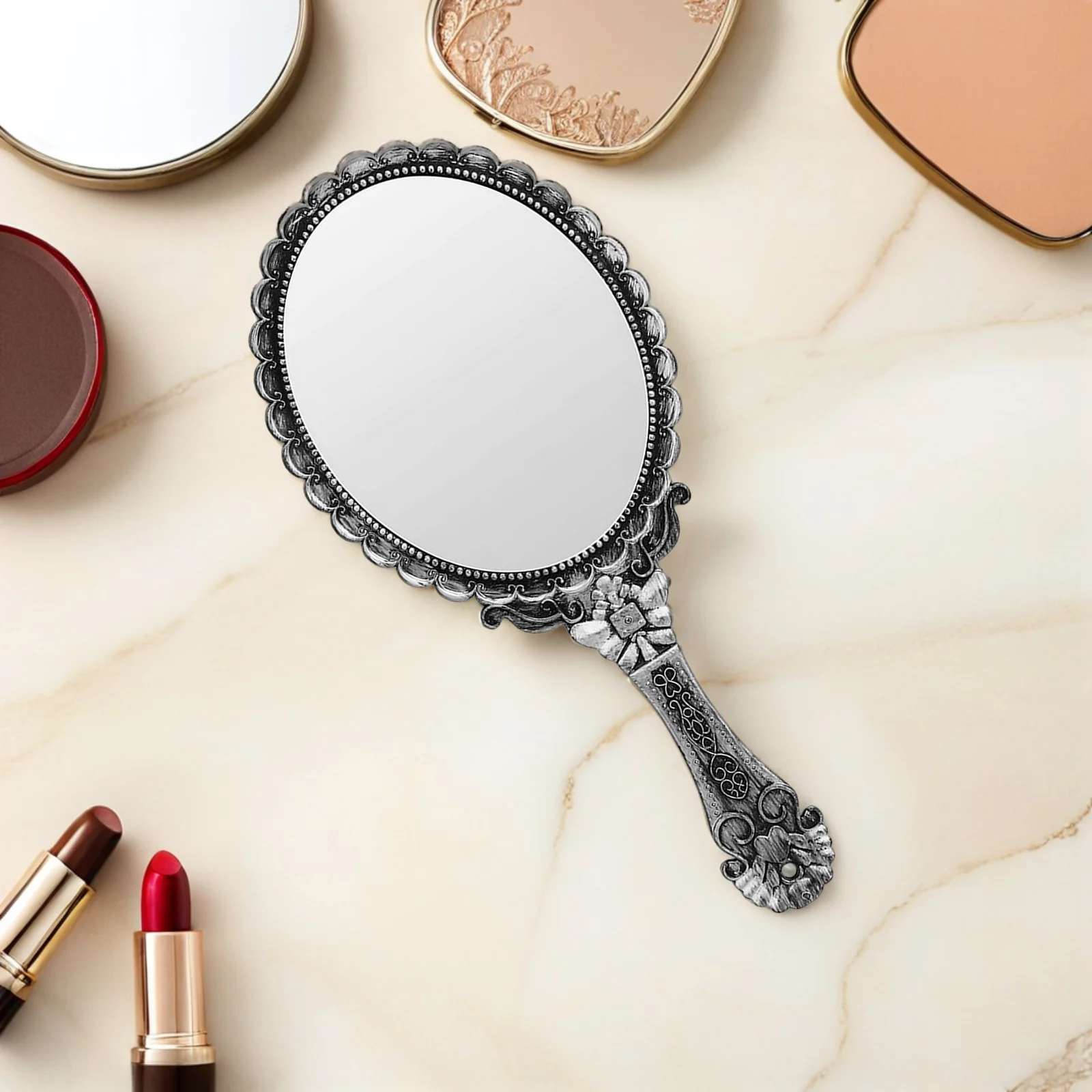 

1Pcs Handheld Mirror Vintage Style Carving Pattern Comfortable Handle Makeup Tool for Travel and Home Use Ladies Makeup