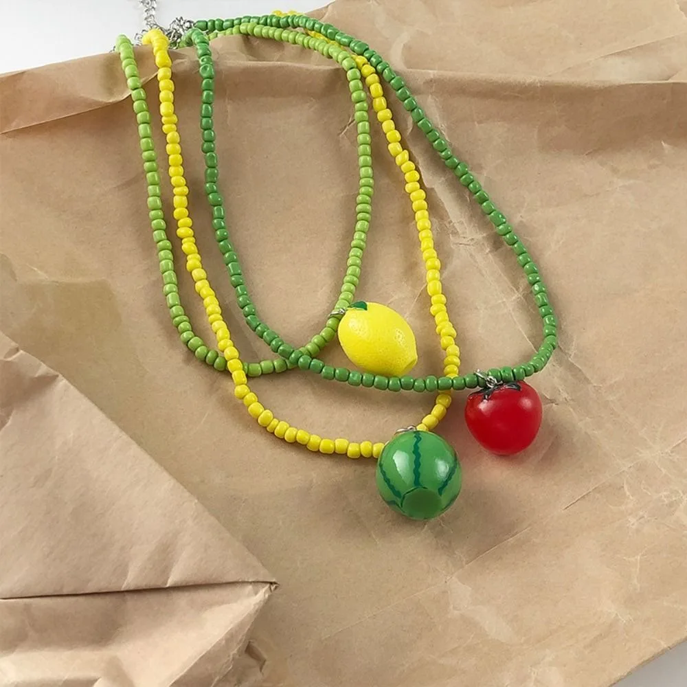 Dopamine Colored Fresh Fruit Necklace Lemon Watermelon Dopamine Bead Necklace Jewelry Strawberry Y2K Clavicle Chain Vacation