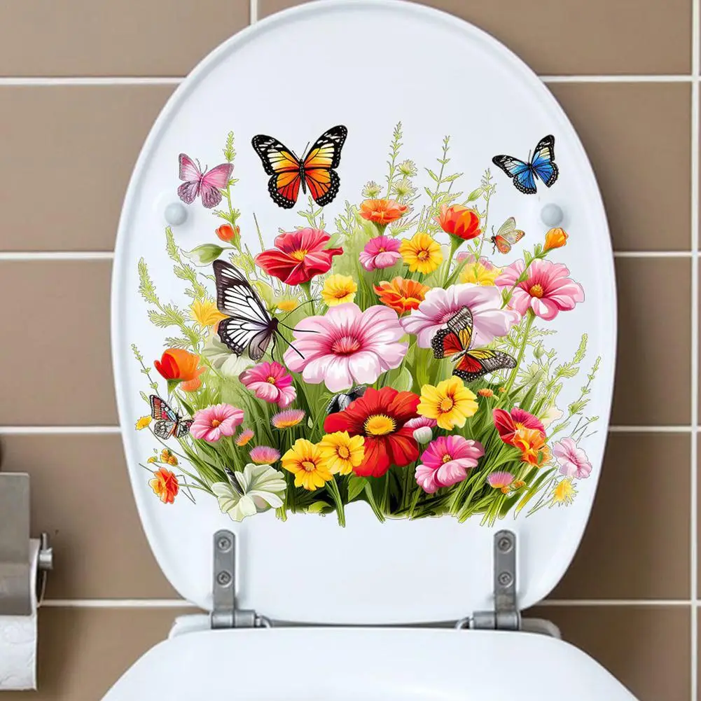 Bathroom Toilet Seat Sticker Butterfly Flower Grass Self-Adhesive Decals Removable Stickers Wallpaper For Restroom Home Decor