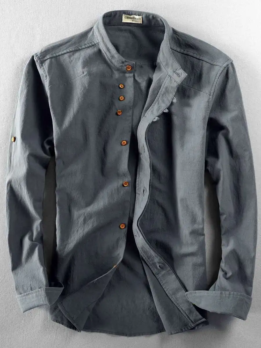 

Autumn New Men's Casual Linen Shirt Vintage Collar Slim Fit PU Leather Long Sleeve CleanFit Inner Wear Pure Color for Daily Use