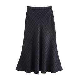 BMURHMZA Autumn New Product Women's Fashion Style Versatile Mid Waist Checkered Printed Half Skirt High Waist Long Skirt