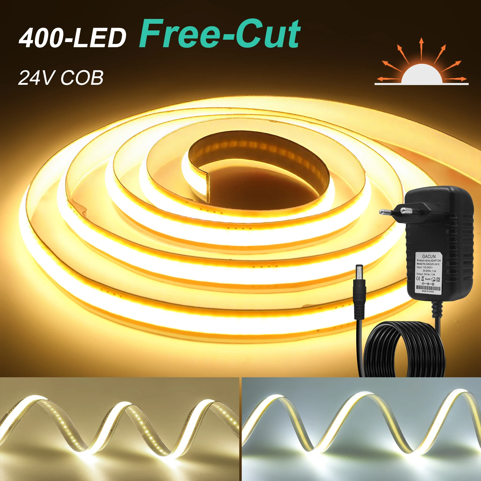 

12V 24V Free Cut LED Strip With EU Power Adapter Self Adhesive 3000K 4000K 6000K 400Leds/M 5MM 8MM Flexible Ribbon Strip Light