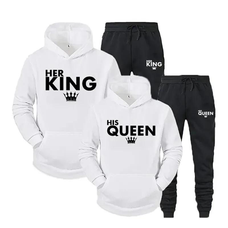 Lover Her QUEEN or His KING Printed Tracksuits Couple Hoodies Outfit Suits Casual Hooded Sweatshirt + Sweatpants Two Piece Set