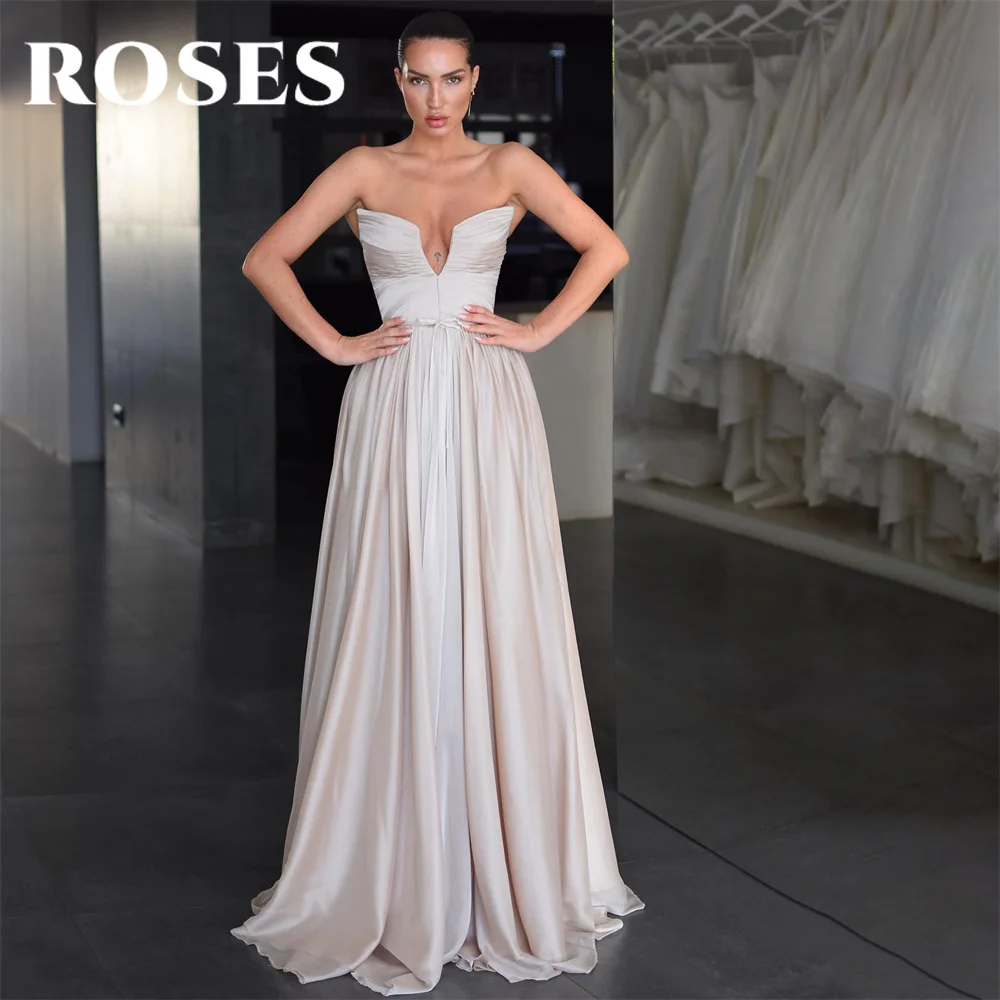 

ROSES Simple White Evening Dress V-Neck Beach Party Dress with Pleats Satin Sleeveless robe de soirée Prom Dresses