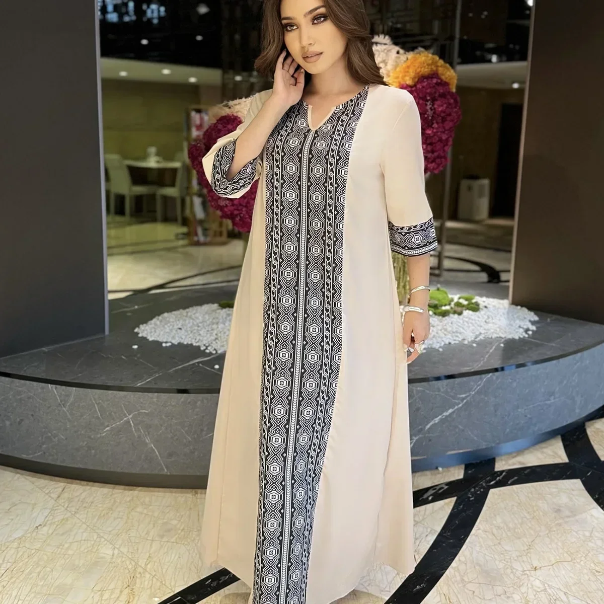

Women Muslim Dresses Casual Printed Half Sleeve Woman Abayas Dresses Hijab Dress