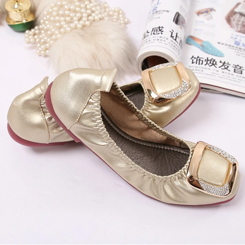 Spring Elegant Woman Round Toe Rhinestone Mary Jane Metal Square Buckle Lady Ballerina Flats Designer Soled Soft Female Shoes