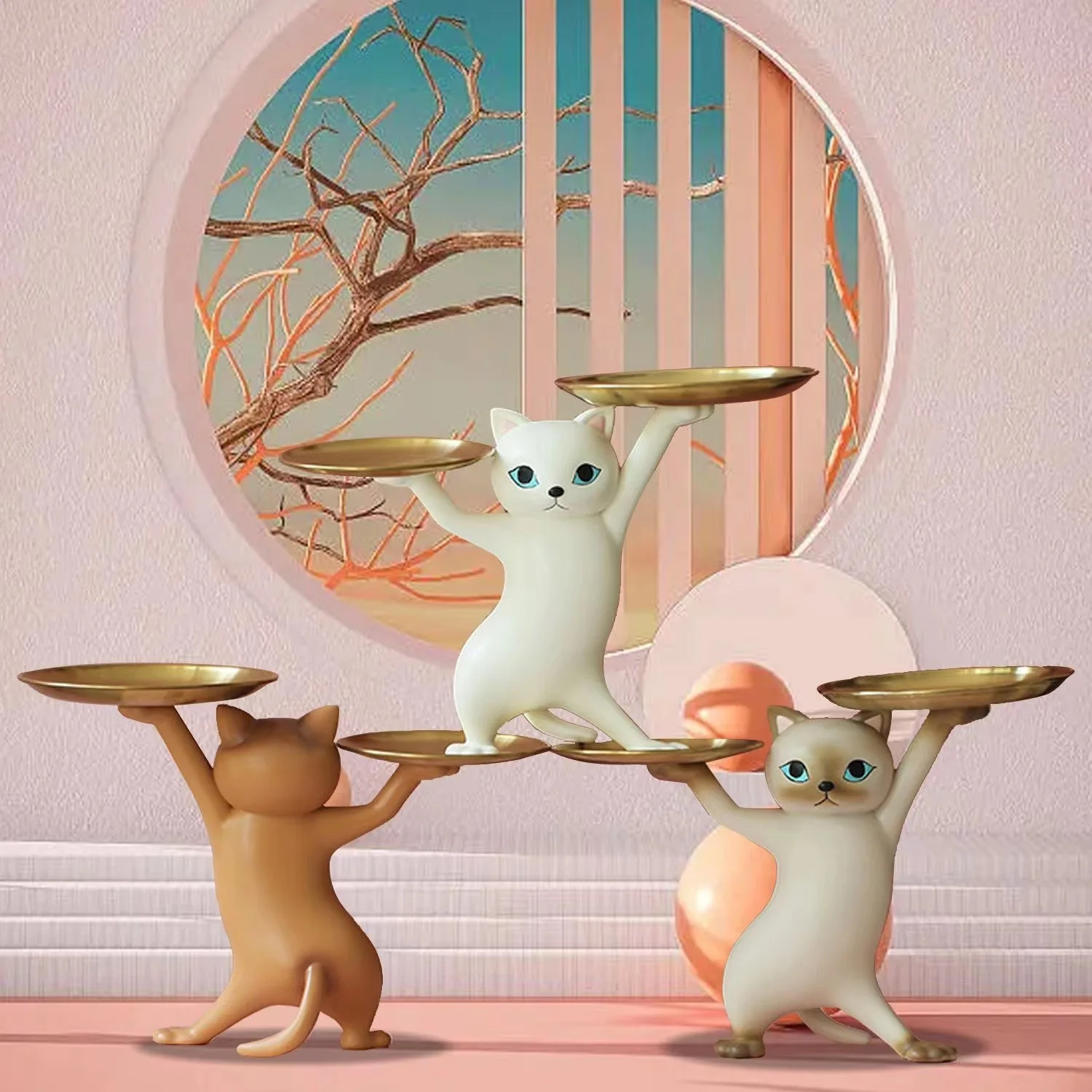 Cat Strorage Storage Tray Resin Cat Statue Figurine Candy Jewelry Earring Ring Key Holder Tray Bowl HomeTable Living Room Decor