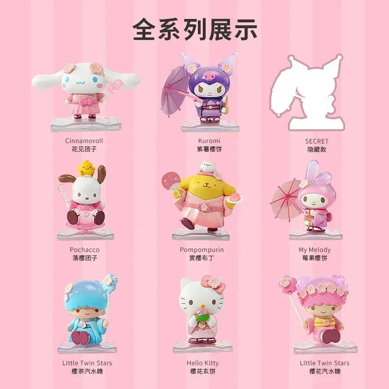 Miniso Sanrio personajes colección de flores y frutas lindo Kuromi Cinnamoroll Hello Kitty Melody Pocahcco muñeca en caja ciega modelo