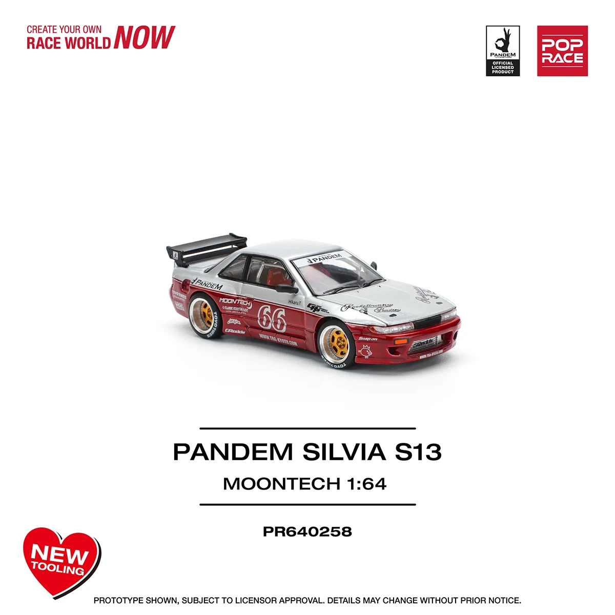 POPRACE 1:64 Nissan Silvia S13 Pandem Moontech #66 Racing Livery Open Hood Diecast Model Car PR640258 In Stock Ready To Ship