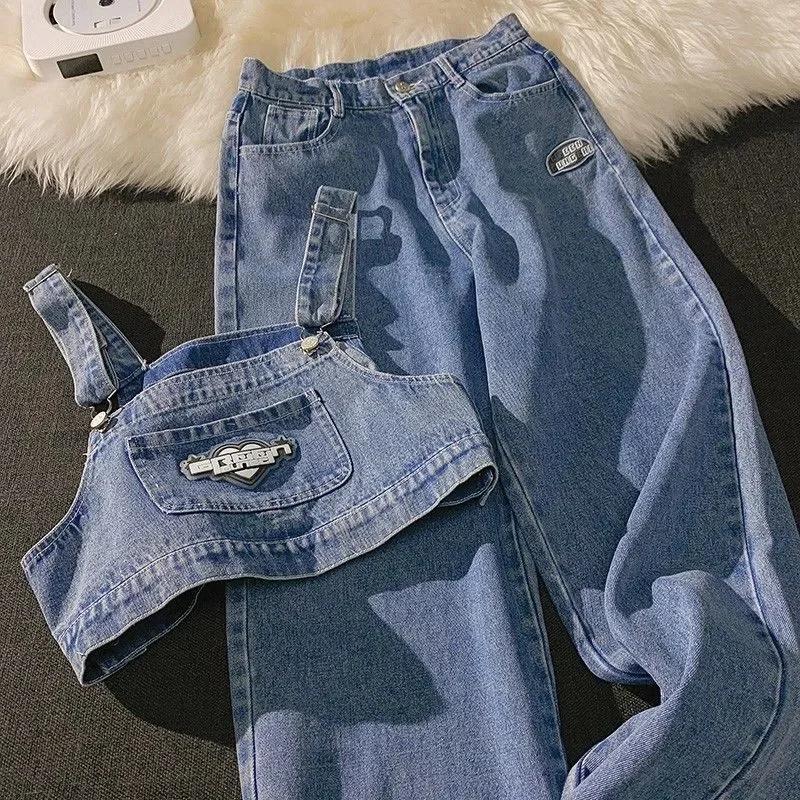 

Women Kawaii Denim 2 Piece Set Strapless Sling Design Sleeveless Short Tops and Loose Wide Leg Jeans Streetwear Two Piece Suits