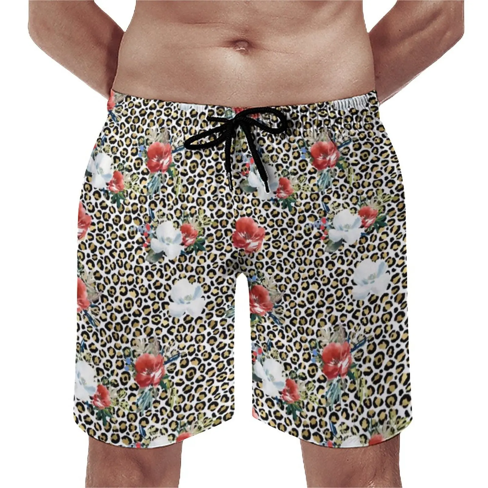 

Gold Leopard Print Board Shorts Trenky Men's Beach Shorts Red White Floral Big Size Swimming Trunks Quality