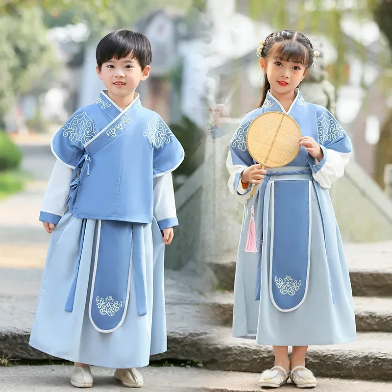 Terno bordado Tang para meninos e meninas, fantasias de espadachim para crianças, manga longa, hanfu antigo chinês, lindo bordado, primavera e verão