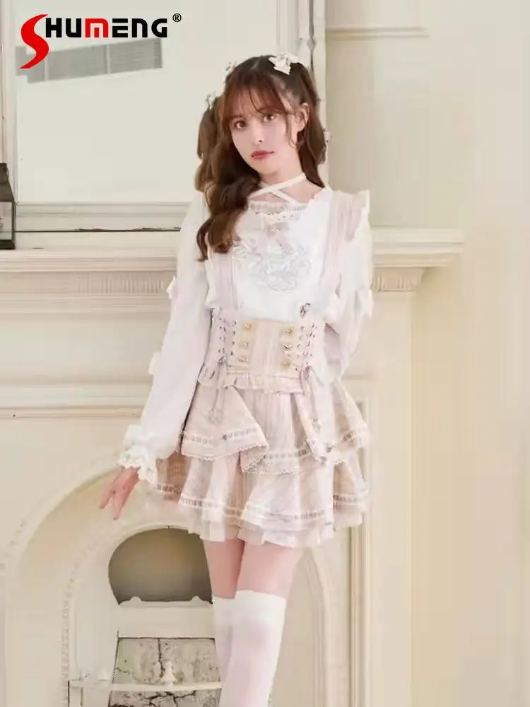 

Новая коллекция Весна-Лето 2026: Розовая клетчатая юбка на бретельках в стиле Sweet Lolita для девочек, японский стиль Liz Mine, с завышенной талией, утягивающая, Y2K, юбка-тортик