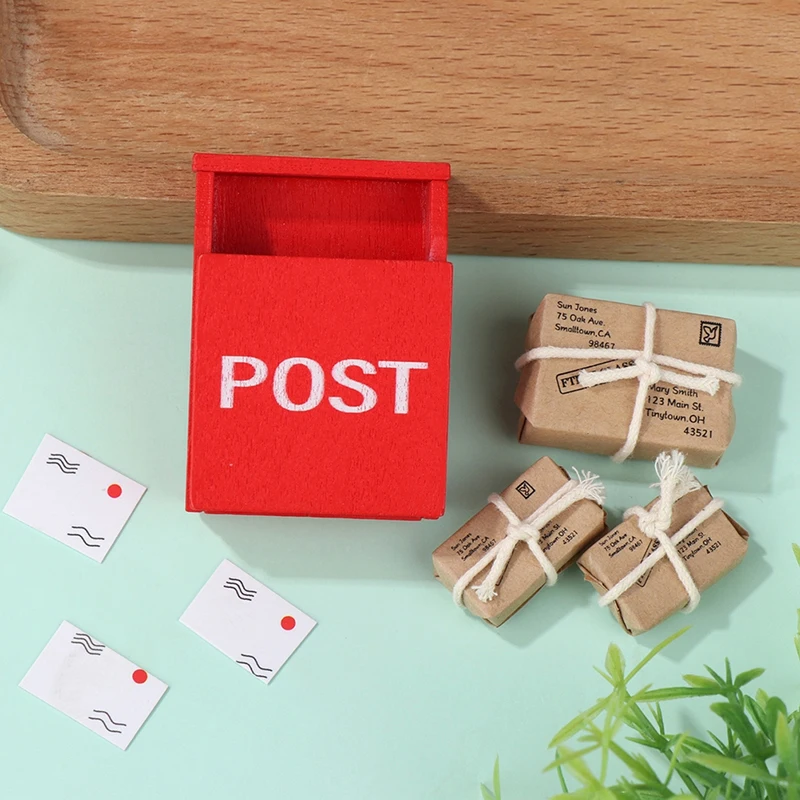 1Set 1:12 Dollhouse Miniature Letter Box Red Mailbox With Mail Sack Postcard Fairy Garden Door Furniture House Decor Toy