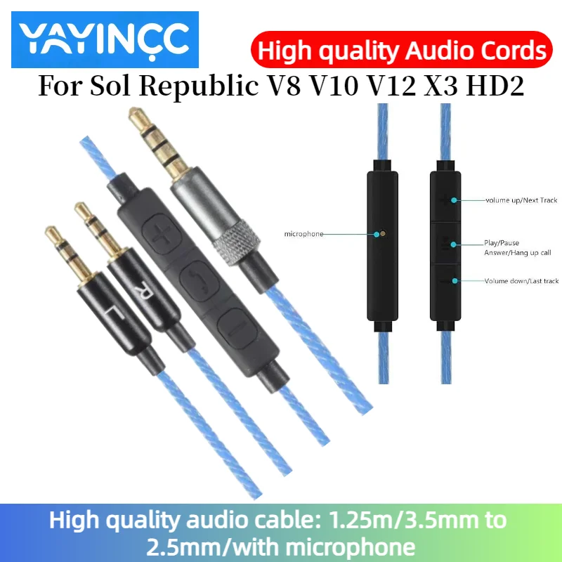

High quality audio cable For Sol Republic V8 V10 V12 X3 HD2 headphone audio cable 3.5mm to 2.5mm plug with microphone