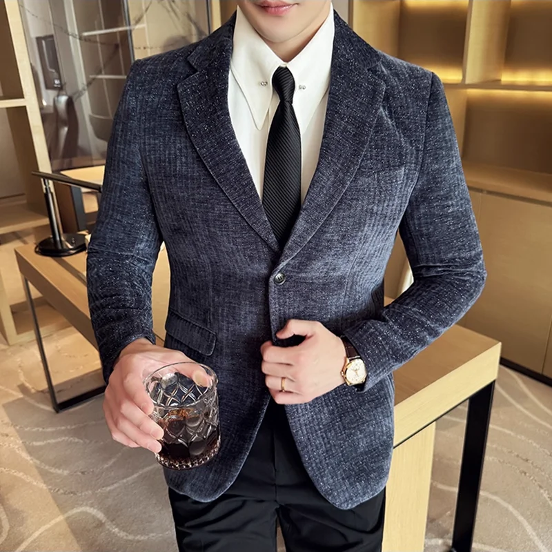 

High Quality Corduroy Men Fashion Business Casual Suit Jacket New Solid Color Korean Slim Fit Social Wedding Suit Blazer 5XL-M