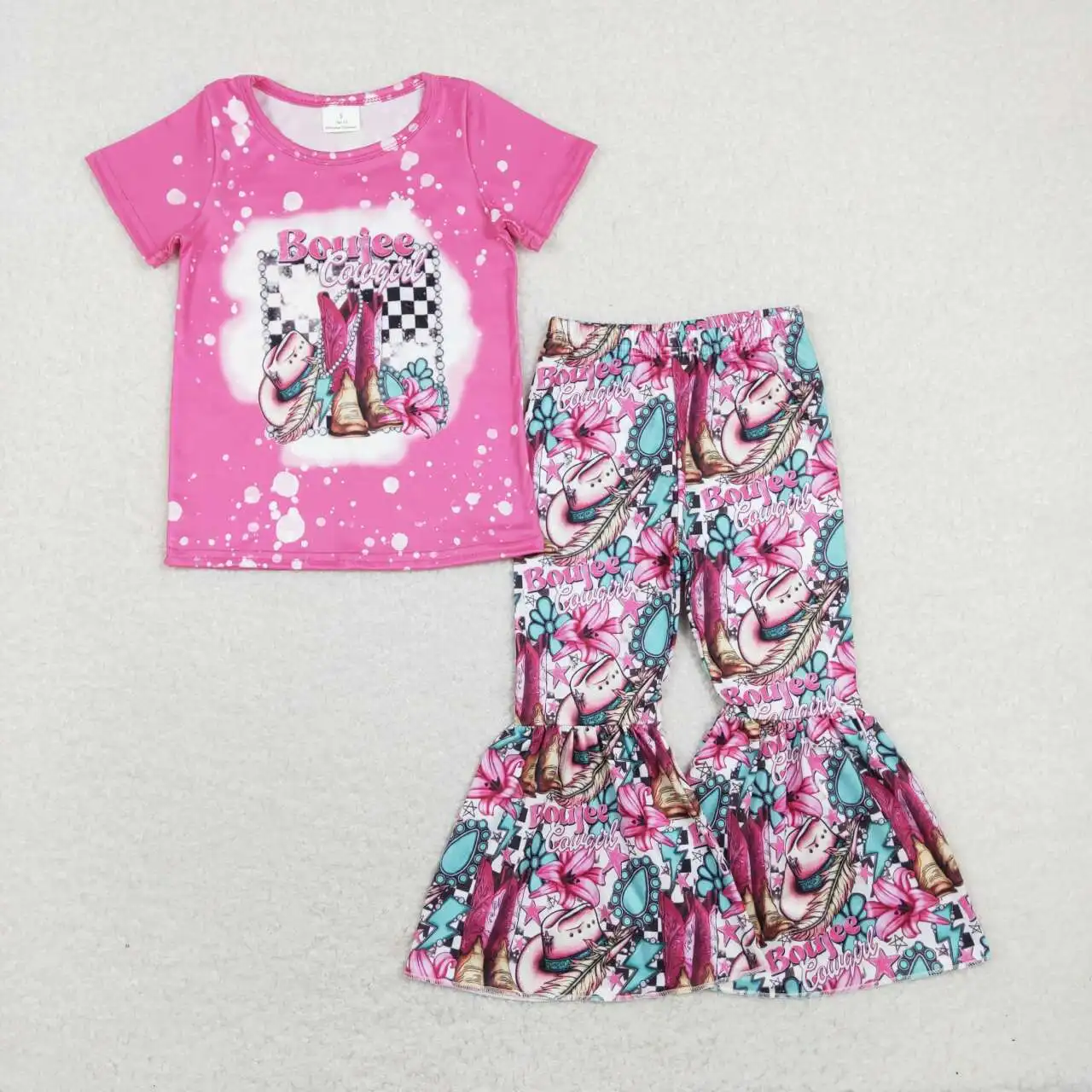 wholesale western boutique children's clothing baby girls clothes Alpine bull head white short sleeve floral blue pantsuit