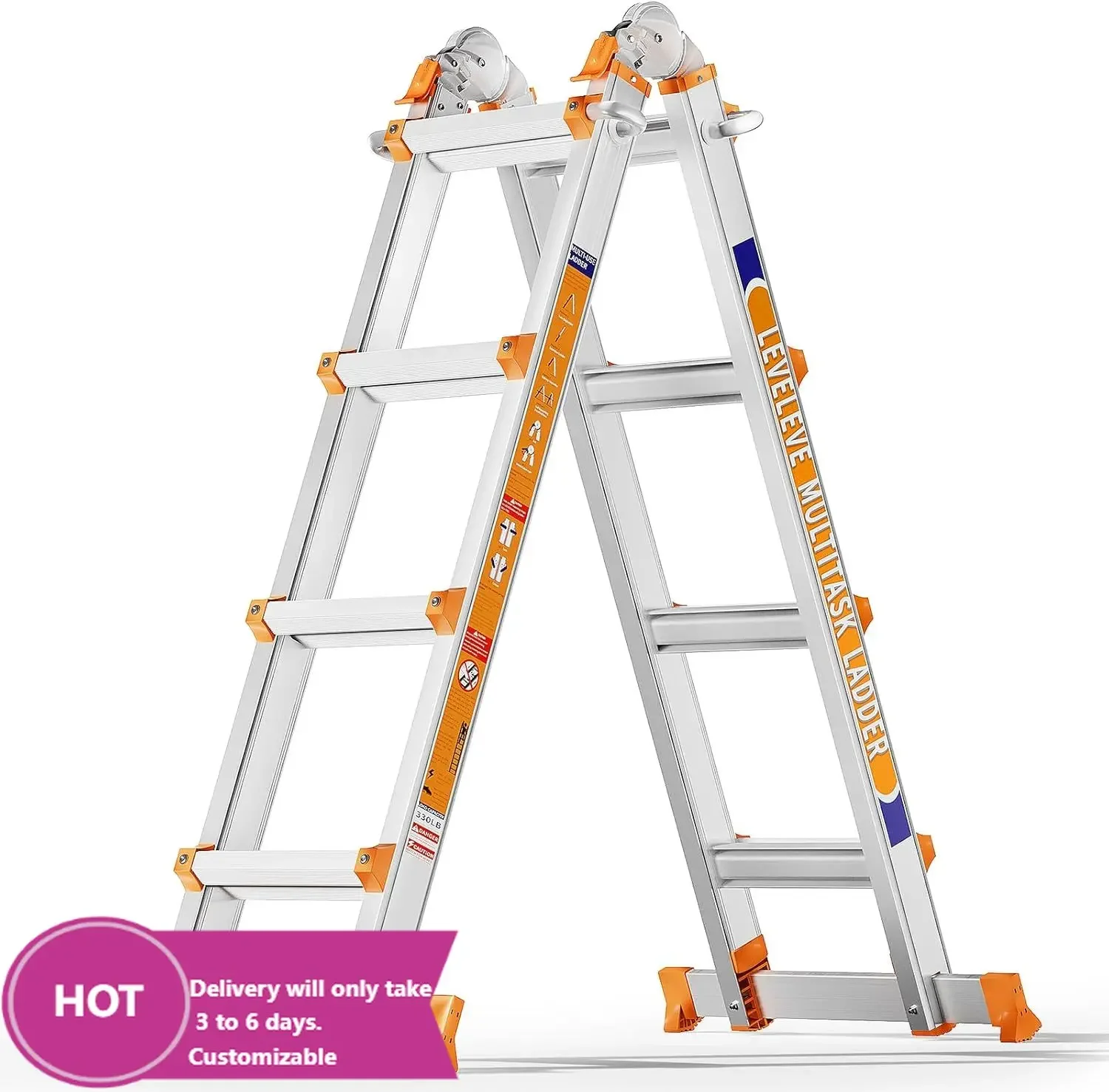 A Frame Ladder, 14FT Multi Position Ladder with Stabilizer Bar & Wheels,330 lbs Security Load for Stairs Home Indoor